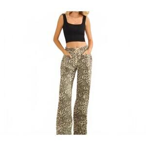 NEW VEVERET women’s leopard printed striped wide legged pants in beige